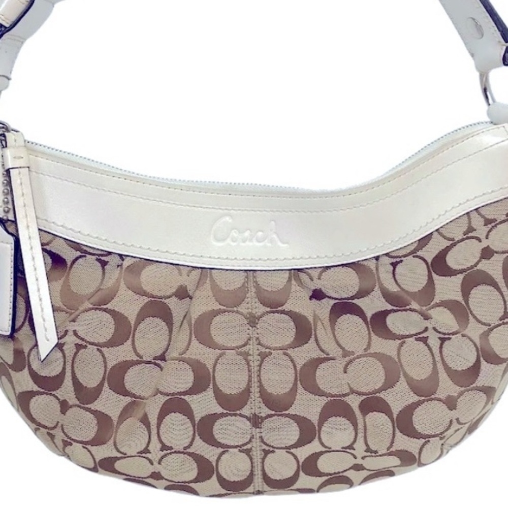 Coach Khaki Shoulder Bag with Monogram Pattern and Leather Strap